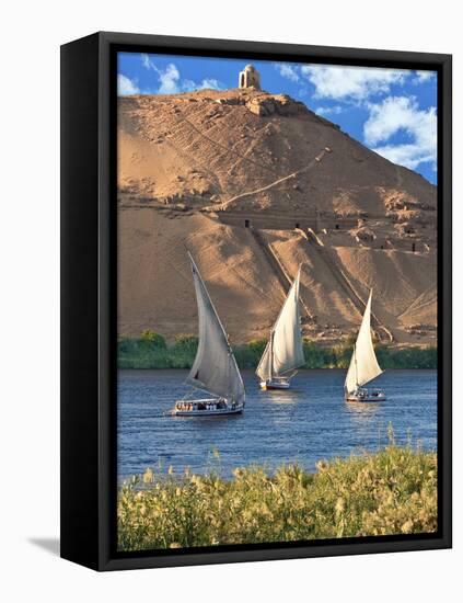 Felucca Sailboats, Temple Ruins and the Large Sand Dunes of the Sahara Desert, Aswan, Egypt-Miva Stock-Framed Premier Image Canvas