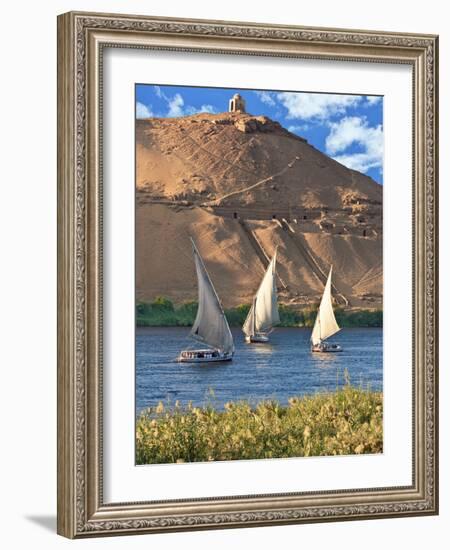 Felucca Sailboats, Temple Ruins and the Large Sand Dunes of the Sahara Desert, Aswan, Egypt-Miva Stock-Framed Photographic Print