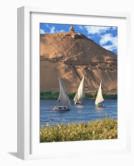 Felucca Sailboats, Temple Ruins and the Large Sand Dunes of the Sahara Desert, Aswan, Egypt-Miva Stock-Framed Photographic Print