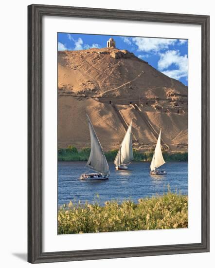 Felucca Sailboats, Temple Ruins and the Large Sand Dunes of the Sahara Desert, Aswan, Egypt-Miva Stock-Framed Photographic Print