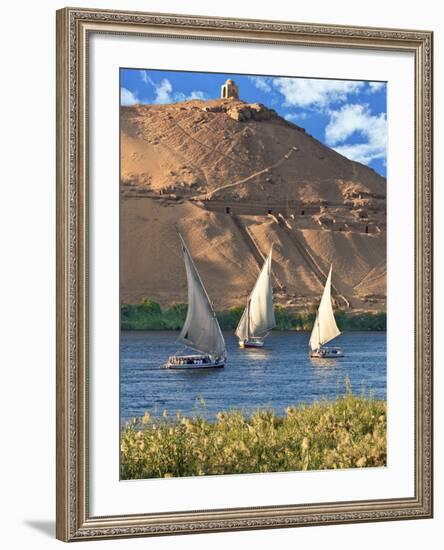 Felucca Sailboats, Temple Ruins and the Large Sand Dunes of the Sahara Desert, Aswan, Egypt-Miva Stock-Framed Photographic Print