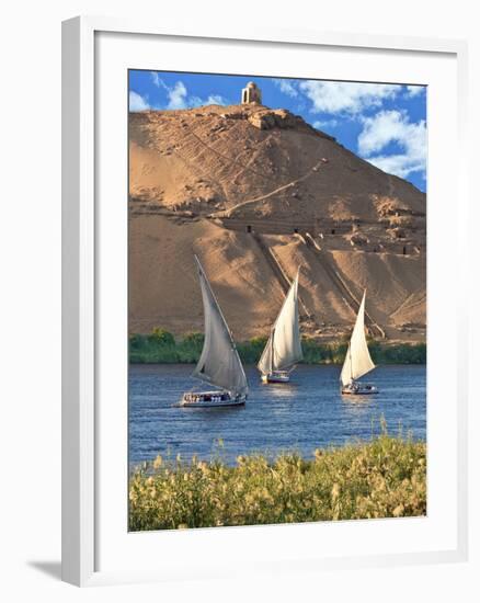 Felucca Sailboats, Temple Ruins and the Large Sand Dunes of the Sahara Desert, Aswan, Egypt-Miva Stock-Framed Photographic Print