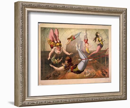 Female Acrobats on Trapezes at Circus, C. 1890-null-Framed Giclee Print