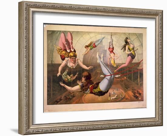 Female Acrobats on Trapezes at Circus, C. 1890-null-Framed Giclee Print