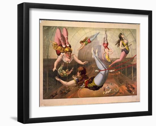 Female Acrobats on Trapezes at Circus, C. 1890-null-Framed Giclee Print