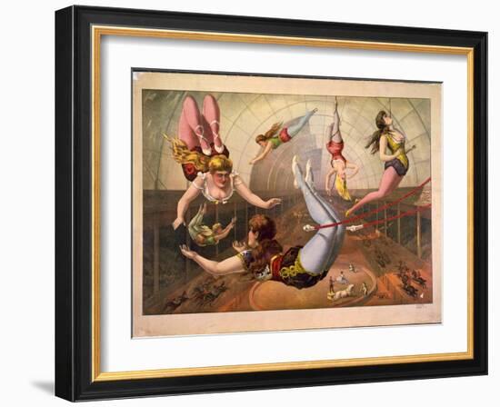 Female Acrobats on Trapezes at Circus, C. 1890-null-Framed Giclee Print