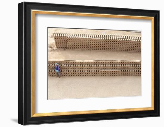 Female Brick Worker Standing Beside Hand Made Bricks Stacked to Dry before Baking, Rajasthan, India-Annie Owen-Framed Photographic Print