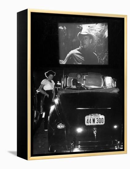 Female Car-Hop Taking Order from Couple in Convertible Car During Movie at Rancho Drive in Theater-Allan Grant-Framed Premier Image Canvas