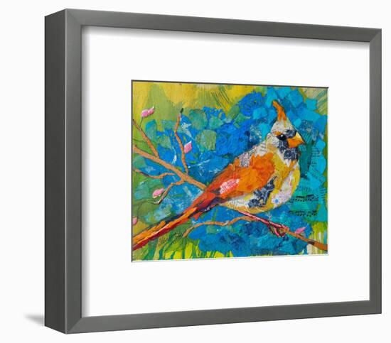 Female Cardinal On Blue-null-Framed Art Print