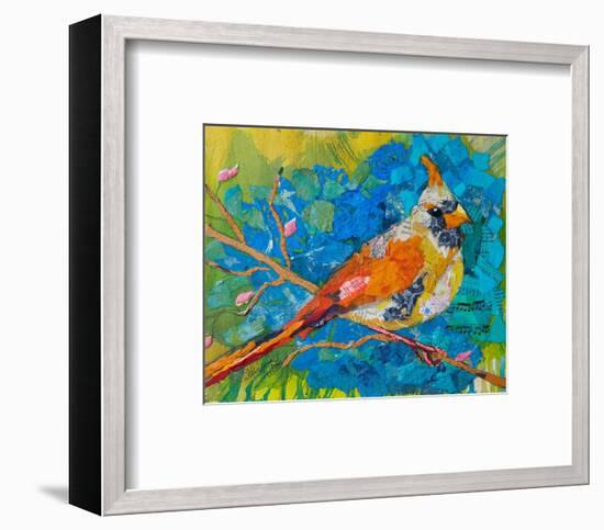 Female Cardinal On Blue-null-Framed Art Print