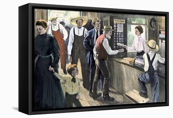 Female Civil Servant: Residents of a City Accusing the New Post Office Employee, circa 1905. Reprod-null-Framed Premier Image Canvas