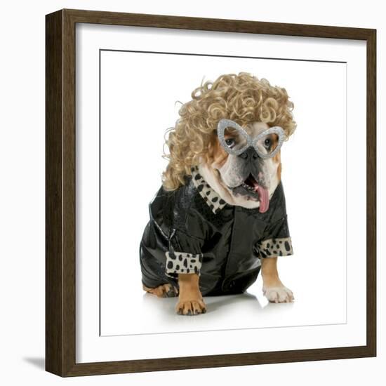 Female Dog - English Bulldog Wearing Blonde Wig and Black Leather Coat-Willee Cole-Framed Photographic Print