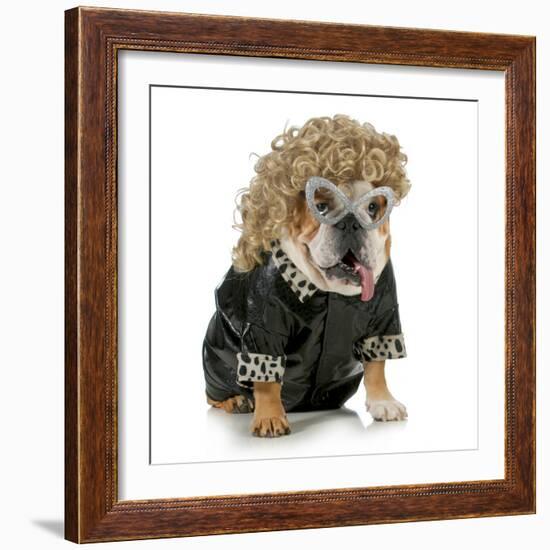 Female Dog - English Bulldog Wearing Blonde Wig and Black Leather Coat-Willee Cole-Framed Photographic Print