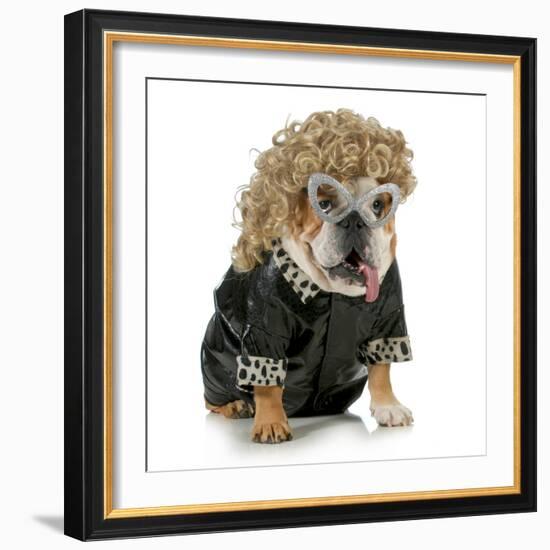 Female Dog - English Bulldog Wearing Blonde Wig and Black Leather Coat-Willee Cole-Framed Photographic Print