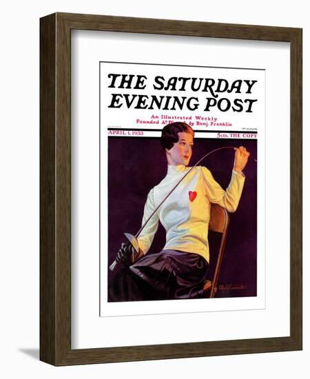 "Female Fencer," Saturday Evening Post Cover, April 1, 1933-Alfred F. Cammarata-Framed Giclee Print