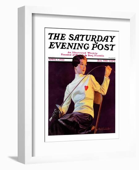 "Female Fencer," Saturday Evening Post Cover, April 1, 1933-Alfred F. Cammarata-Framed Giclee Print