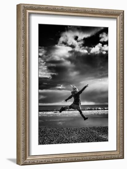 Female Figure Jumping on a Beach-Rory Garforth-Framed Photographic Print