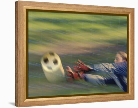 Female Goalie Attempting to Stop a Soccer Ball-null-Framed Premier Image Canvas