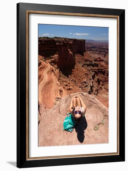 Female Hiker Smiles At The Meander Overlook Along W Rim Trail Of Deadhorse SP Near Moab, Utah-Ben Herndon-Framed Photographic Print