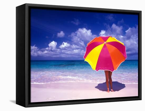 Female Holding a Colorful Beach Umbrella on Harbour Island, Bahamas-Greg Johnston-Framed Premier Image Canvas