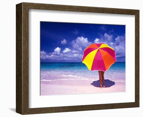 Female Holding a Colorful Beach Umbrella on Harbour Island, Bahamas-Greg Johnston-Framed Photographic Print