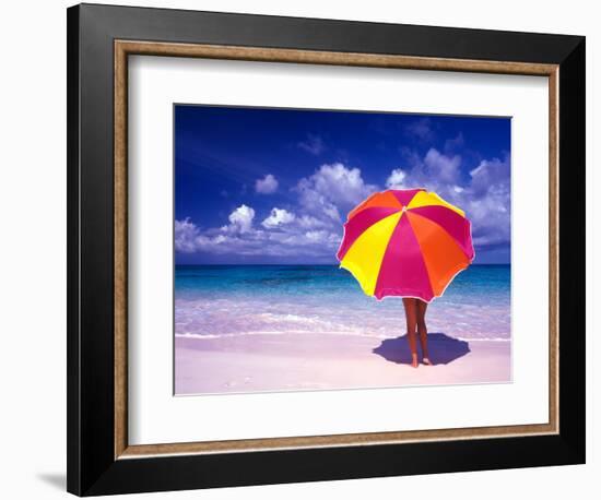 Female Holding a Colorful Beach Umbrella on Harbour Island, Bahamas-Greg Johnston-Framed Photographic Print