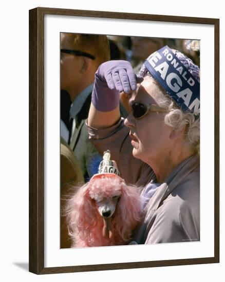 Female Holding Pink Poodle Wearing Hat Emblazoned with Reagan During Campaign Speech-Bill Ray-Framed Photographic Print