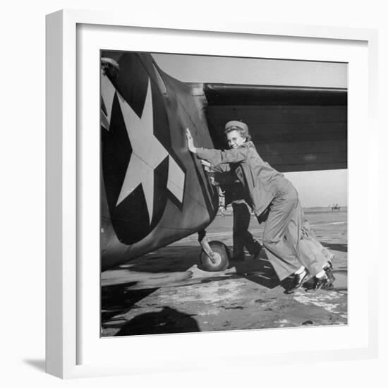 Female Marines Pushing the Tail of a Plane to Turn It Around During Flight Training For WWII-William C^ Shrout-Framed Photographic Print
