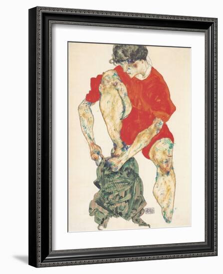 Female Model in Bright Red Jacket and Pants, 1914-Egon Schiele-Framed Premium Giclee Print