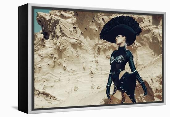 Female Model Wearing Black with Feathers-Luis Beltran-Framed Premier Image Canvas