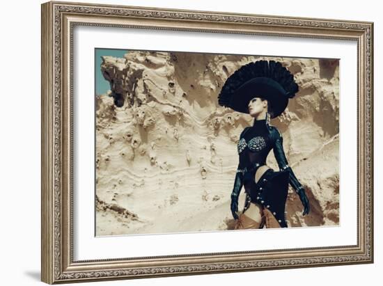 Female Model Wearing Black with Feathers-Luis Beltran-Framed Photographic Print