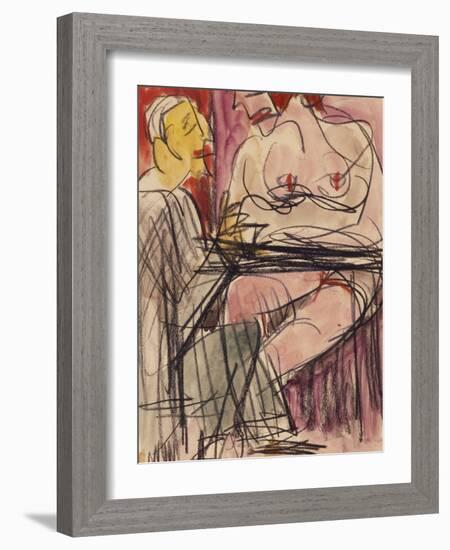 Female Nude and Man Sitting at a Table; Weiblicher Akt Und Mann an Einem Tisch Sitzend-Ernst Ludwig Kirchner-Framed Giclee Print