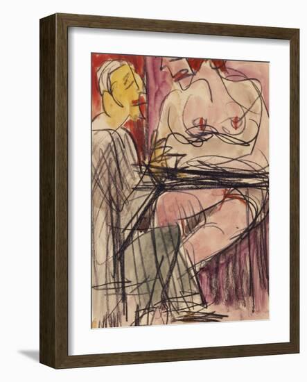Female Nude and Man Sitting at a Table; Weiblicher Akt Und Mann an Einem Tisch Sitzend-Ernst Ludwig Kirchner-Framed Giclee Print