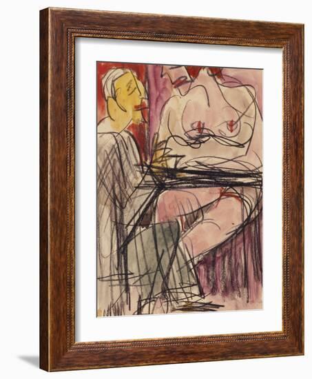 Female Nude and Man Sitting at a Table; Weiblicher Akt Und Mann an Einem Tisch Sitzend-Ernst Ludwig Kirchner-Framed Giclee Print