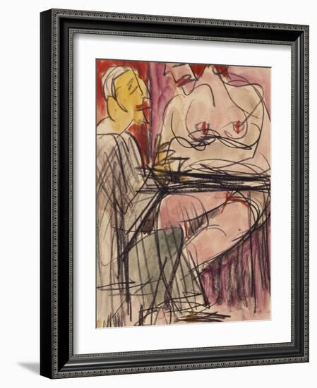 Female Nude and Man Sitting at a Table; Weiblicher Akt Und Mann an Einem Tisch Sitzend-Ernst Ludwig Kirchner-Framed Giclee Print