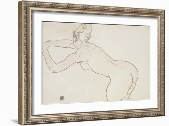 Female Nude Kneeling and Bending Forward to the Left, 1918-Egon Schiele-Framed Giclee Print