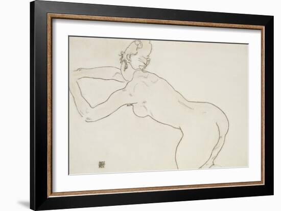 Female Nude Kneeling and Bending Forward to the Left, 1918-Egon Schiele-Framed Giclee Print