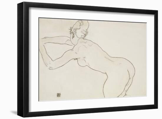 Female Nude Kneeling and Bending Forward to the Left, 1918-Egon Schiele-Framed Giclee Print