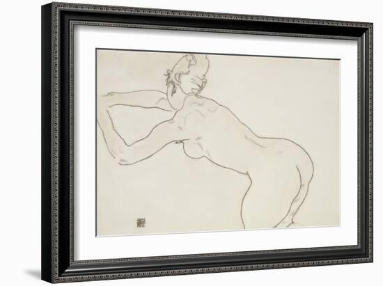 Female Nude Kneeling and Bending Forward to the Left, 1918-Egon Schiele-Framed Giclee Print