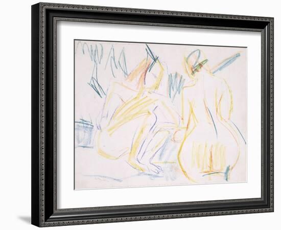 Female Nudes on the Beach, C.1920 (Coloured Crayon on Paper)-Ernst Ludwig Kirchner-Framed Giclee Print