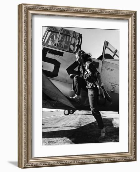 Female Pilot of the Us Women's Air Force Service Posed with Her Leg Up on the Wing of an Airplane-Peter Stackpole-Framed Photographic Print