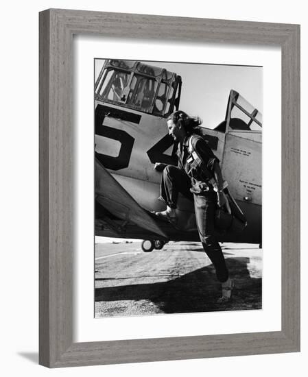 Female Pilot of the Us Women's Air Force Service Posed with Her Leg Up on the Wing of an Airplane-Peter Stackpole-Framed Photographic Print