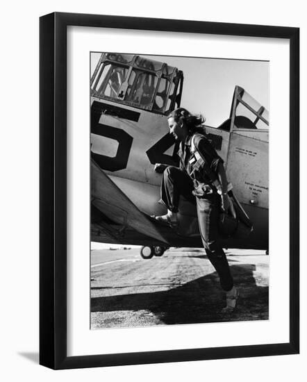 Female Pilot of the Us Women's Air Force Service Posed with Her Leg Up on the Wing of an Airplane-Peter Stackpole-Framed Photographic Print