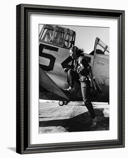 Female Pilot of the Us Women's Air Force Service Posed with Her Leg Up on the Wing of an Airplane-Peter Stackpole-Framed Photographic Print