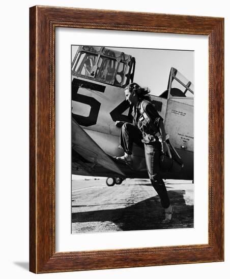 Female Pilot of the Us Women's Air Force Service Posed with Her Leg Up on the Wing of an Airplane-Peter Stackpole-Framed Premium Photographic Print