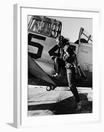 Female Pilot of the Us Women's Air Force Service Posed with Her Leg Up on the Wing of an Airplane-Peter Stackpole-Framed Premium Photographic Print