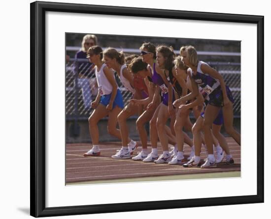 Female Runners at the Start of a Track Race-null-Framed Photographic Print