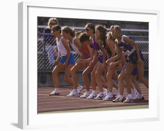 Female Runners at the Start of a Track Race-null-Framed Photographic Print