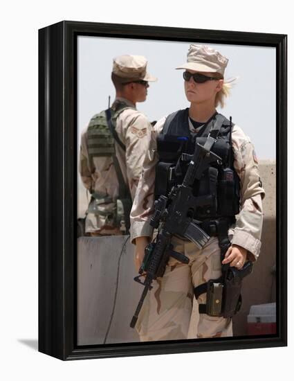 Female Soldier in Combat Gear at Sather Air Base in Iraq, Ca. 2008-null-Framed Stretched Canvas