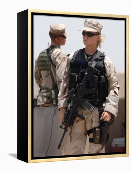 Female Soldier in Combat Gear at Sather Air Base in Iraq, Ca. 2008-null-Framed Stretched Canvas